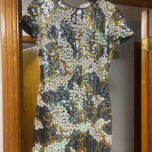 Dress the Population Black Sequin Mini Dress with Gold & Iridescent Accents